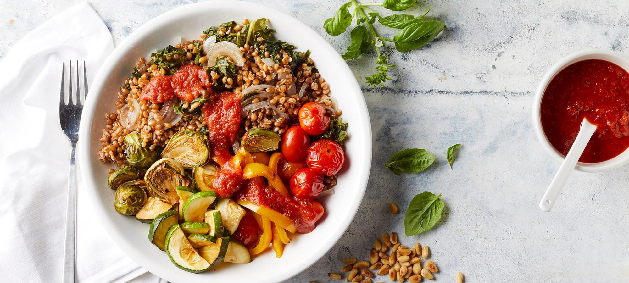 Italian Roasted Vegetable and Wheat Berry Buddha Bowl