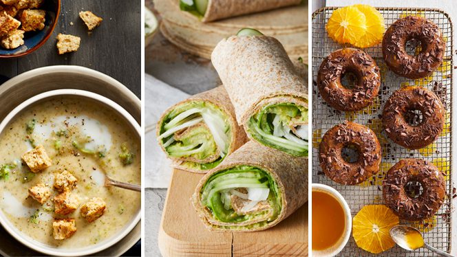 a collage featuring a creamy soup with croutons, cucumber and spinach wraps, and chocolate donuts on a cooling rack
